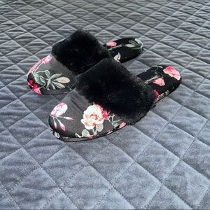 Victoria's Secret Slippers Size 5 6 Satin Floral Black Pink Furr Shoes